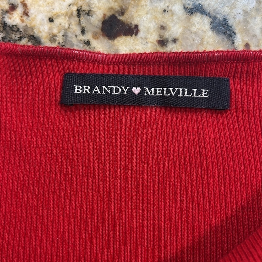 Brandy Melville Red Ribbed Off The Shoulder Short Sleeve Crop Top - Picture 3 of 4